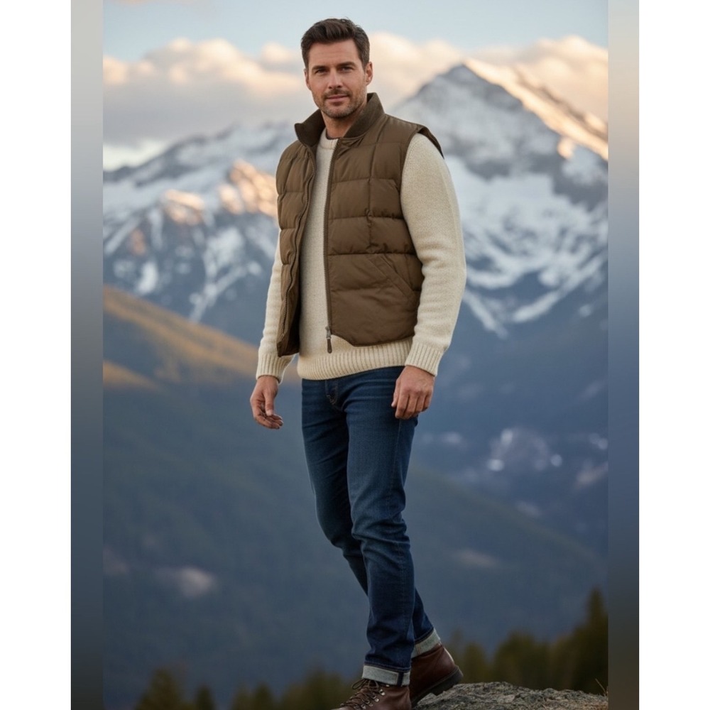 Eddie Bauer Mens Premium Goose Down Puffer Vest Olive Green Large Full Zip